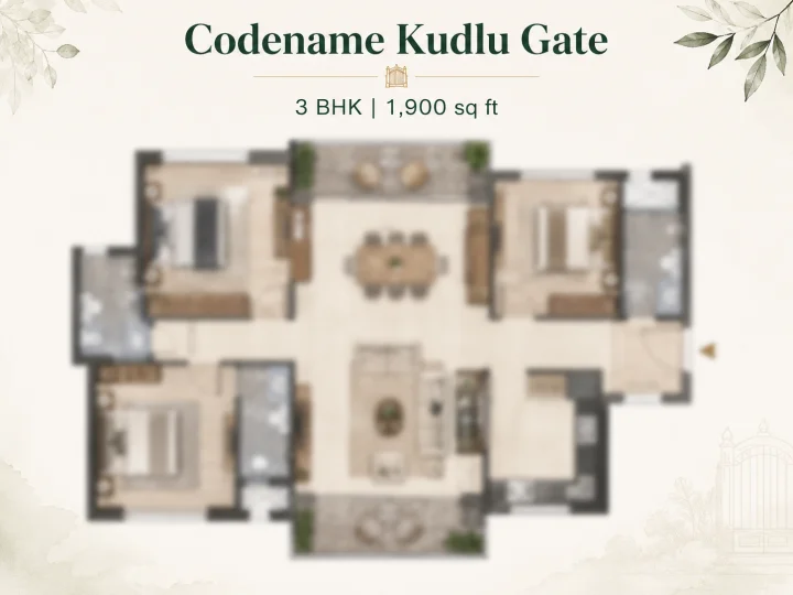 3 BHK floor plan reference at Purva Kudlu Gate - 1,900 sqft with bathtub primary bathroom